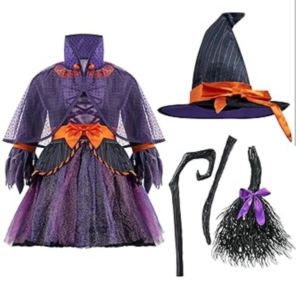 Wicked Purple Witch Costume Deluxe Set with Broom Halloween Dress Up NIP Size: M